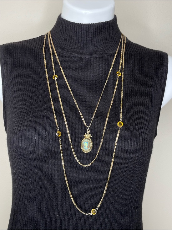 Jewelry - Gold-Tone Multi-Layer Pendant Necklace with “Cameo” and Yellow Gem Accents